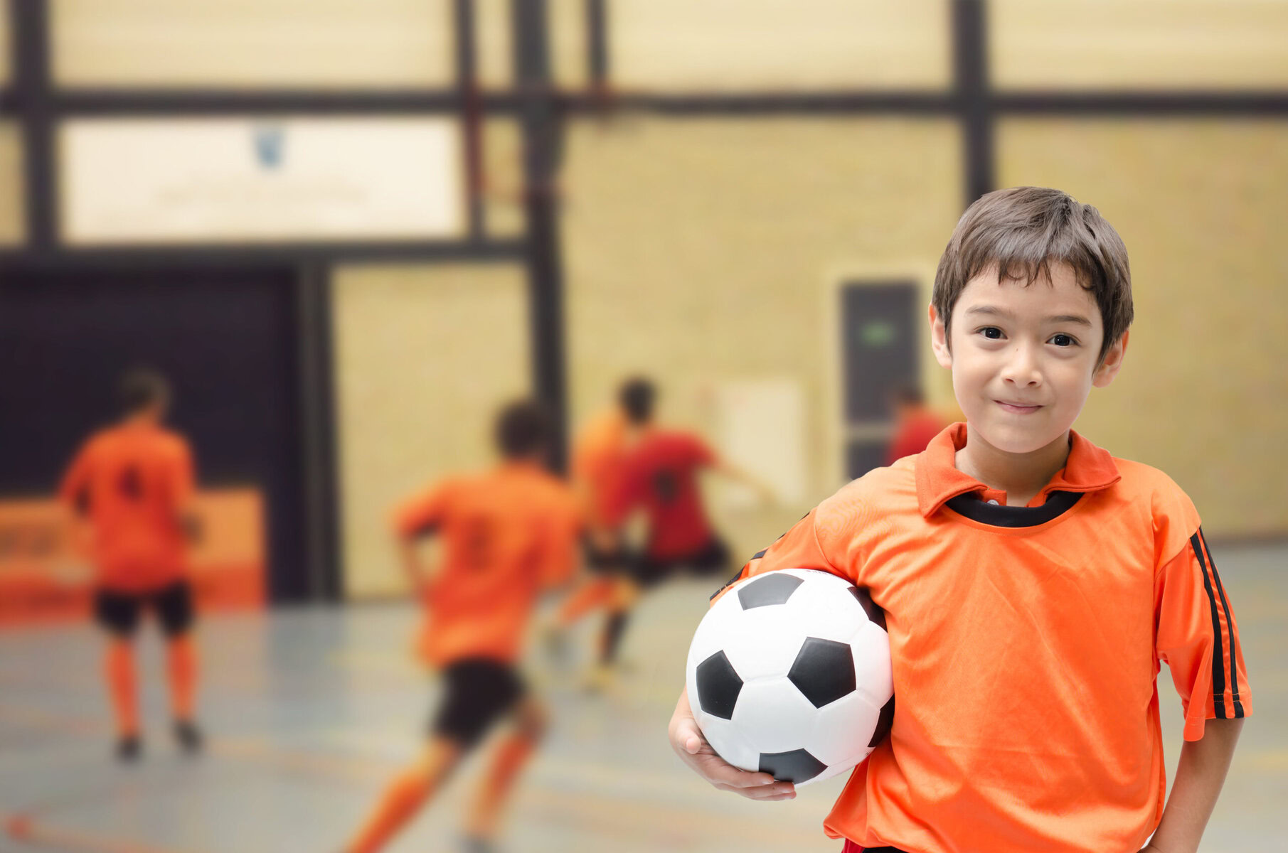 Little,Boy,Holding,Football,Soccer,Ball,Indoor,Gym